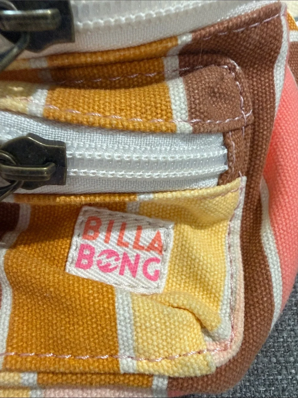 Striped Canvas Waist Bag - Coral, Yellow & Brown. Youth size